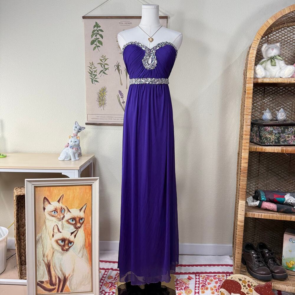 Y2K Purple Beaded Mesh Strapless Formal Maxi Dress Whimsy Fairy Hoco Prom M 7